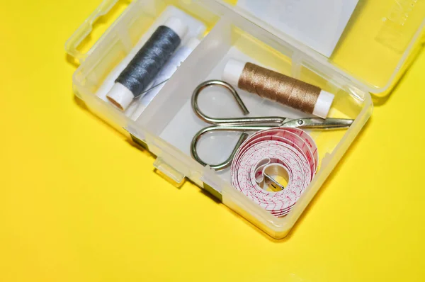 Equipment Sewing Scissors Tap Measure Threads — Photo