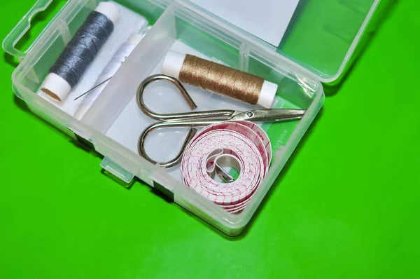Equipment Sewing Scissors Tap Measure Threads — 图库照片