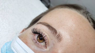 Eyelash extensions in beauty salon macro eye Kim effect 