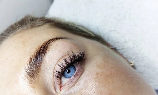 Eyelash extensions in beauty salon macro eye Kim effect