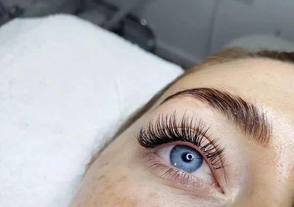 Eyelash Extensions Beauty Salon Macro Eye Kim Effect — Fotografia de Stock