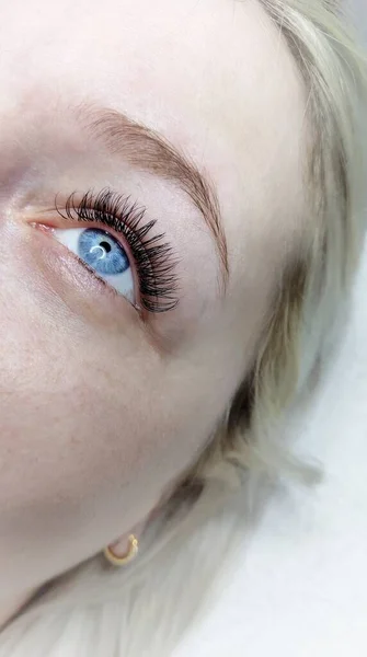 Eyelash extensions in beauty salon macro eye Kim effect