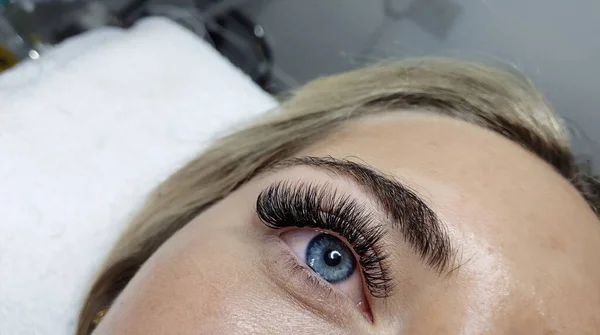 Eyelash extensions in beauty salon macro eye Kim effect