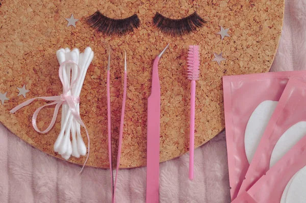 Equipment Eyelash Extensions Beauty Salon Glue Pink Tweezers Strip Lashes — Stock Fotó