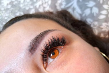 Eyelash extensions in beauty salon macro eye close up . High quality photo