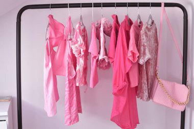 Pink woman's clothes in fitting room ,summer and spring look for girls. High quality photo