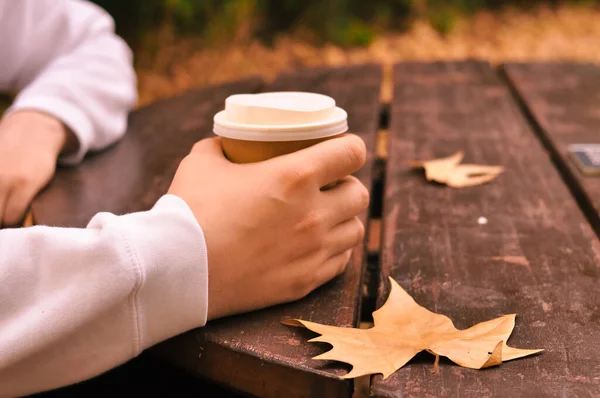 Paper glass of coffee in hand on the orange autumn leaves background . High quality photo