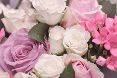 Close up of fresh pink,white and violet roses bouquet, gift for women . High quality photo