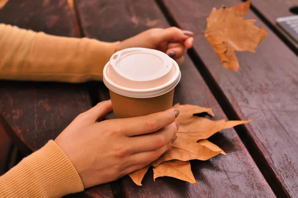 Paper glass of coffee in hand on the orange autumn leaves background . High quality photo