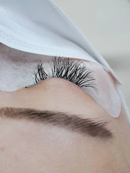 Close up of eyelash Extensions in beauty salon macro eye. High quality photo