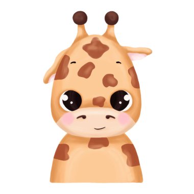 Şirin bebek hayvan portresi - zürafe. Dijital çizim. Beyaz arkaplanda izole edilmiş hayvan.