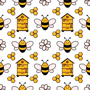 Tatlı bal arısı dikişsiz deseni. Vektör karalama çizgi filmi arı kovanı, çiçekler ve bal peteği illüstrasyon kağıdı çocuklar için beyaz arkaplanda izole edilmiş kumaş izleri