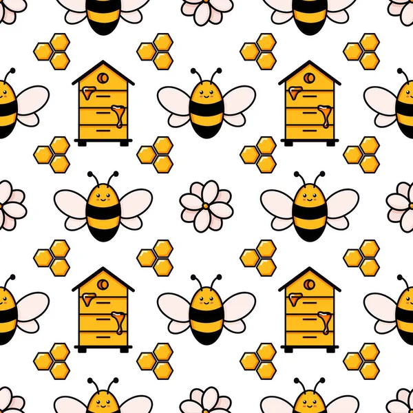 Söt honungsbi sömlöst mönster. Vektor klotter tecknad bikupa, blommor och honeycombs illustration digitalt papper isolerad på vit bakgrund för barn tyg utskrifter — Stock vektor