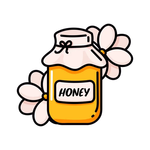 Tarro de miel con ilustración vector de flores. Dulce miel cruda orgánica dibujo icono, concepto de tienda de alimentos naturales. Suplemento vegano saludable en estilo de dibujos animados doodle aislado en blanco — Vector de stock