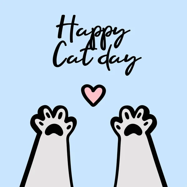 Kočičí Tlapky Srdcem Roztomilé Ilustrace Nápisem Text Šťastný Kočičí Den — Stockový vektor