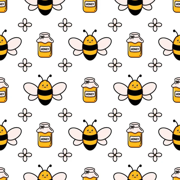 Söt honungsbi sömlöst mönster. Vektor klotter tecknad bikupa, blommor och honeycombs illustration digitalt papper isolerad på vit bakgrund för barn tyg utskrifter — Stock vektor