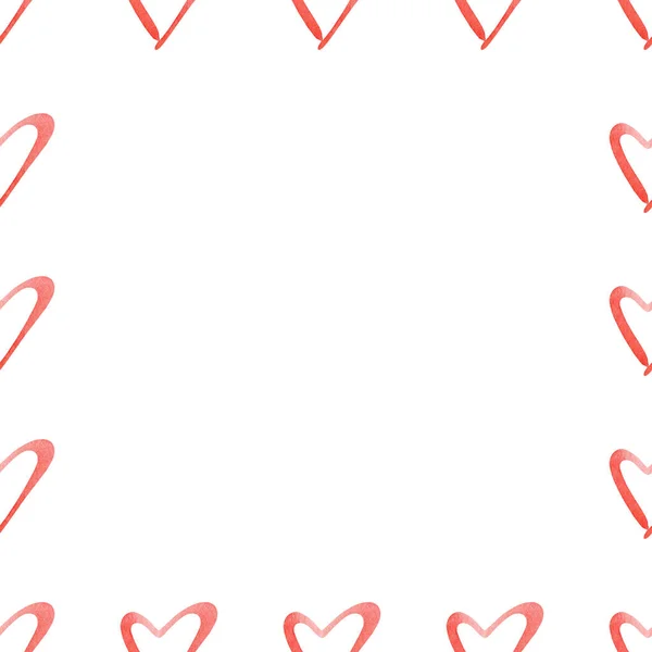 손으로 색칠 한 붉은 물색 심장으로 만든 사각형 틀. 사랑스럽고 낭만적 인 발렌틴의 날 인사. — 스톡 사진