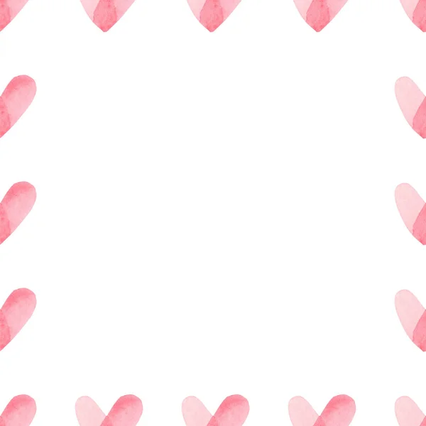 Vierkante frame gemaakt van de hand geschilderde aquarel roze harten. Schattig en romantisch, Valentijnsdag begroeting. — Stockfoto