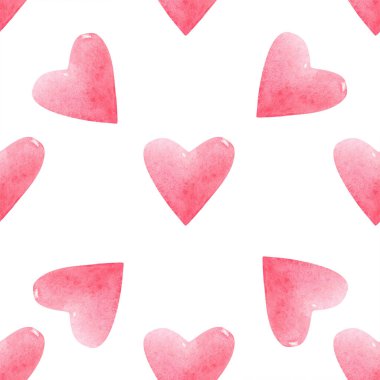 Pembe eli suluboya kalplerle kusursuz desen. Romantik dekoratif arka plan Sevgililer Günü hediye kağıdı, düğün dekorasyonu ya da kumaş için mükemmel.