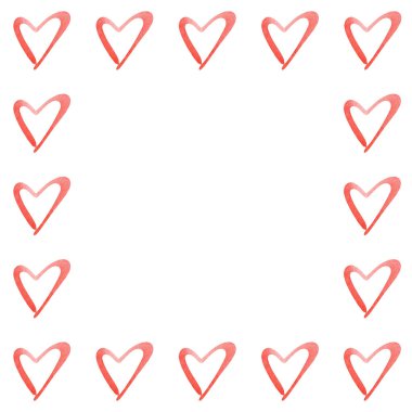 El yapımı kare çerçeve kırmızı suluboya kalplerden yapılmış. Sevimli ve romantik, Sevgililer Günü selamlaması.