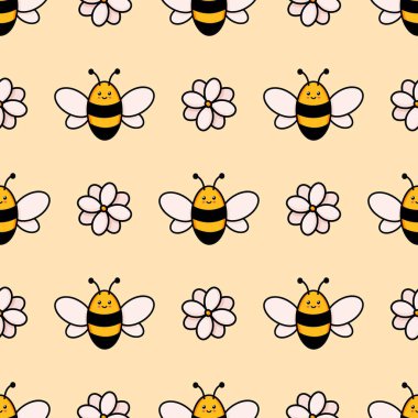 Tatlı bal arısı dikişsiz deseni. Vektör karalama karikatür çiçekleri ve yaban arısı illüstrasyon dijital kağıt beyaz arka planda izole çocuklar için mükemmel kumaş