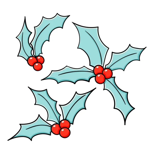 Holly croquis vectoriels doodle ensemble de Noël. Collection d'illustrations de fleurs d'hiver. gui bleu avec des fleurs rouges illustration tendance lumineux isolé — Image vectorielle