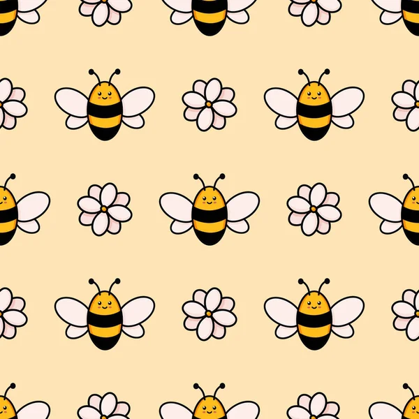Cute honey bee seamless pattern. Vector doodle cartoon flowers and bumblebees illustration digital paper isolated on white background perfect for kids fabric — Stock Vector