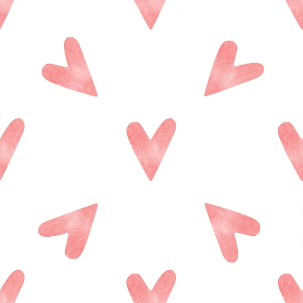 밝은 분홍색 손으로 물감의 심장을 그린 바 다 없는 무늬. 발렌틴 데이 선물 종이, 결혼 장식, 직물에 완벽 한 낭만적 인 장식 배경 — 스톡 사진