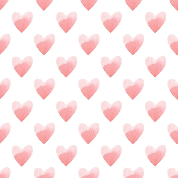 Sömlöst mönster med ljusrosa handmålade akvarellhjärtan. Romantisk dekorativ bakgrund perfekt för alla hjärtans dag presentpapper, bröllop inredning eller tyg — Stockfoto
