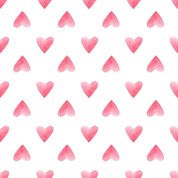 Sömlöst mönster med ljusrosa handmålade akvarellhjärtan. Romantisk dekorativ bakgrund perfekt för alla hjärtans dag presentpapper, bröllop inredning eller tyg — Stockfoto