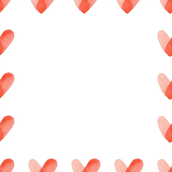 Vierkante frame gemaakt van de hand geschilderde rode aquarel harten. Schattig en romantisch, Valentijnsdag begroeting. — Stockfoto