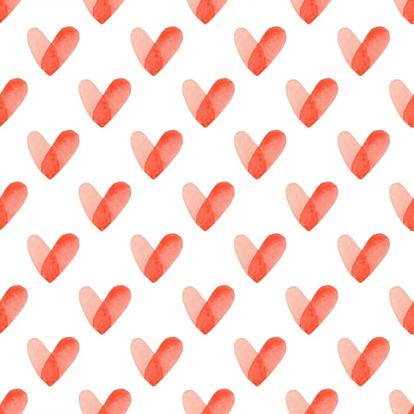 Naadloos patroon met rood heldere hand geschilderde aquarel hartjes. Romantische decoratieve achtergrond perfect voor Valentijnsdag cadeau papier, bruiloft decor of stof — Stockfoto