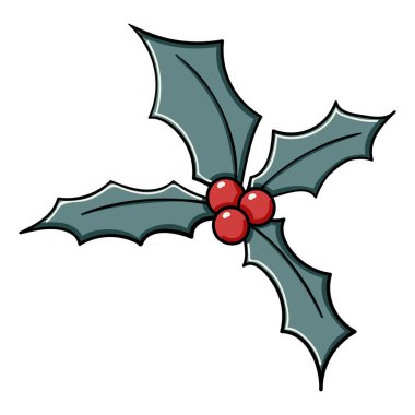 Holly Doodle, Noel seti çiziyor. Kış çiçekleri koleksiyonu. Kırmızı çiçekli yeşil ökseotu koyu renkli çizimler izole edilmiş.