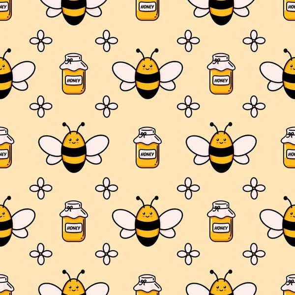 Söt honungsbi sömlöst mönster. Vektor klotter tecknad bikupa, blommor och honeycombs illustration digitalt papper isolerad på vit bakgrund för barn tyg utskrifter — Stock vektor