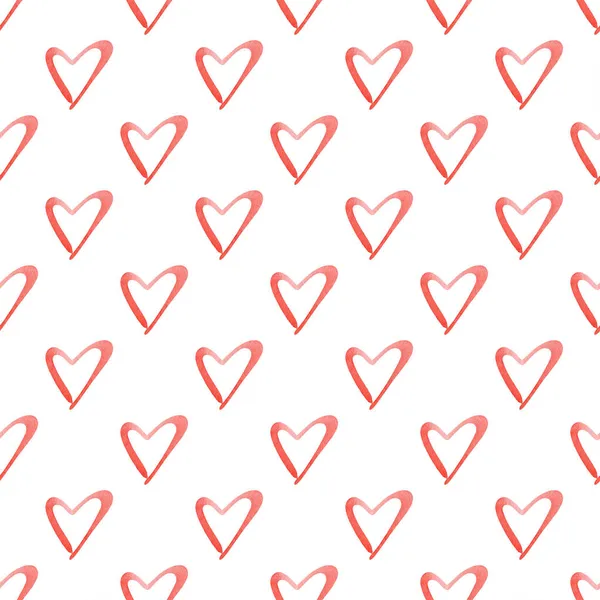 Naadloos patroon met rood heldere hand geschilderde aquarel hartjes. Romantische decoratieve achtergrond perfect voor Valentijnsdag cadeau papier, bruiloft decor of stof — Stockfoto