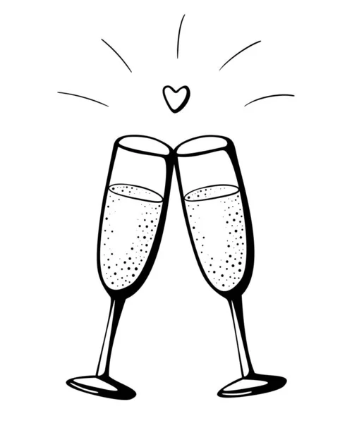 Vector doodle mano disegnato schizzo inchiostro nero illustrazione di due bicchieri di champagne coppia amore anniversario valentines giorno celebrazione bere applausi su bianco — Vettoriale Stock