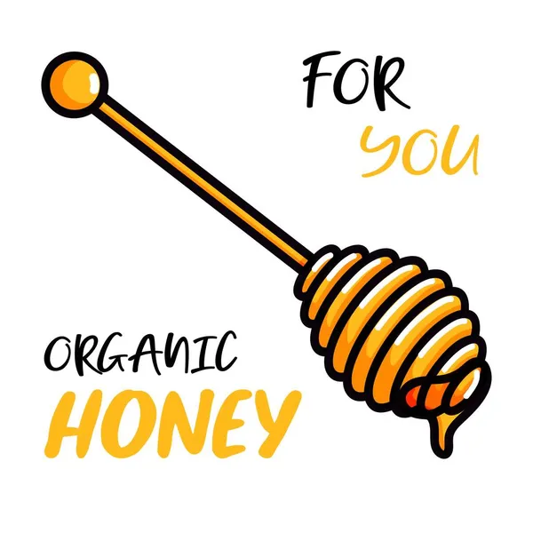 Trä honung dipper, klotter stil vektor illustration av honung sked isolerad på vit bakgrund. Transparent flytande gyllene färgad honung droppande ikon — Stock vektor
