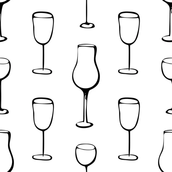 Modello doodle senza soluzione di continuità con bicchiere di vino. Illustrazione vettoriale. — Vettoriale Stock