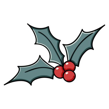 Holly Doodle, Noel seti çiziyor. Kış çiçekleri koleksiyonu. Kırmızı çiçekli yeşil ökseotu koyu renkli çizimler izole edilmiş.