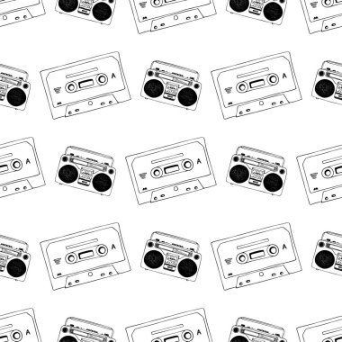 El çizimi kaset, karışık kaset ve klasik retro müzik çalar, dikişsiz kalıp, müzik teknolojisi veya ses ekipmanları için siyah beyaz karikatür arka plan