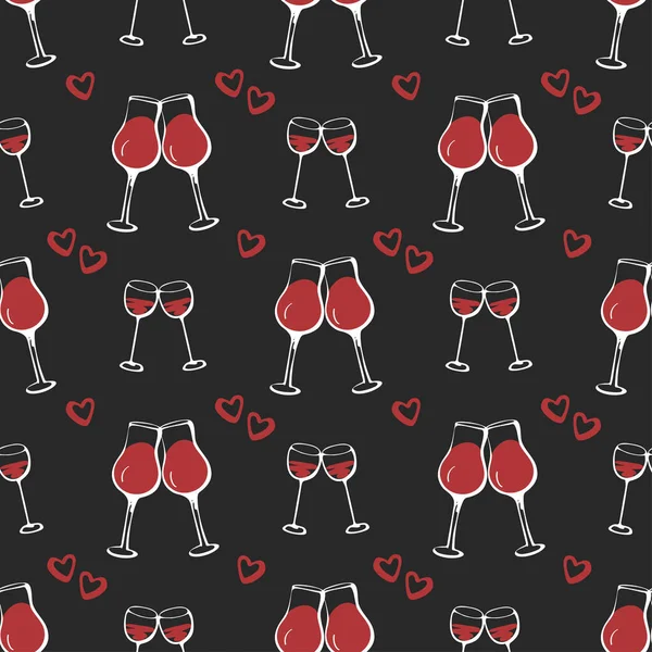 Бесшовный рисунок каракули с парой приветствий бокал вина изолированы на темном черном фоне. Векторная иллюстрация. — стоковый вектор