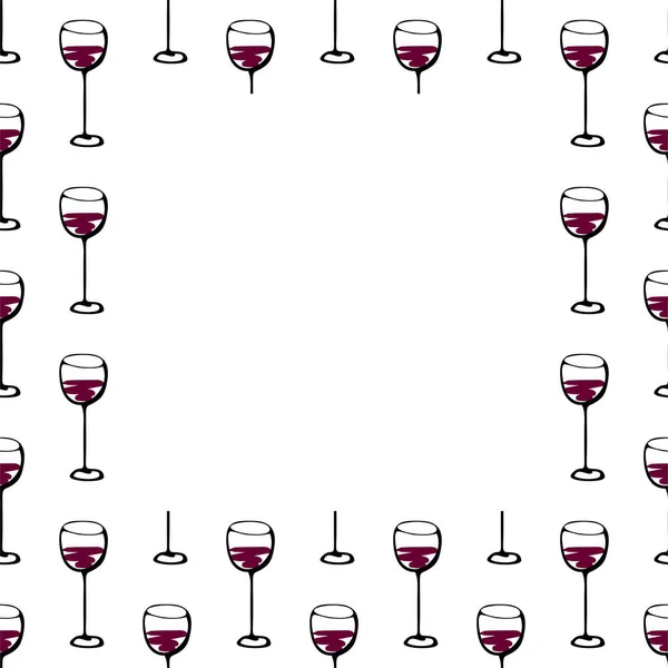 Płynna ramka z wzorem bazgrołów ze szklanką wina. Wektor szkic ilustracja kwadratowa granica. — Wektor stockowy