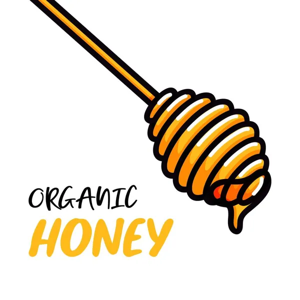 Trä honung dipper, klotter stil vektor illustration av honung sked isolerad på vit bakgrund. Transparent flytande gyllene färgad honung droppande ikon — Stock vektor