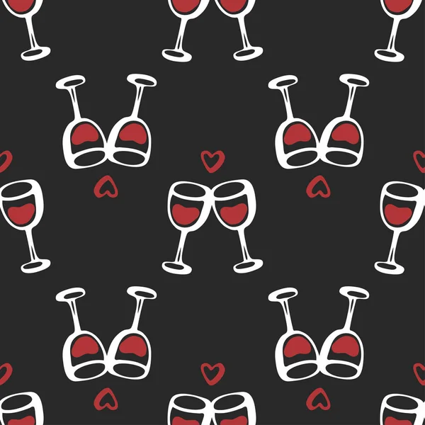 Modello doodle senza soluzione di continuità con un paio di applausi bicchiere di vino isolato su sfondo nero scuro. Illustrazione vettoriale. — Vettoriale Stock