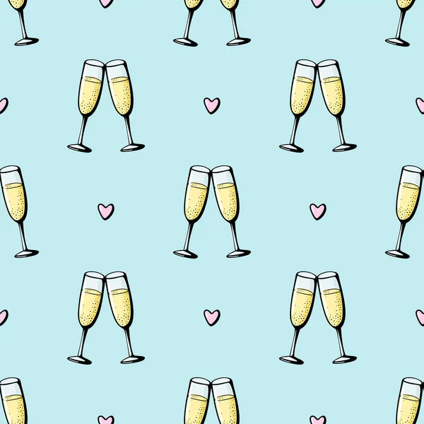 シャンパンのシームレスなドアパターンのメガネ。青い背景の上にチアーズベクトルイラスト。バレンタインデーのグリーティングカード、記念日のお祝い — ストックベクタ