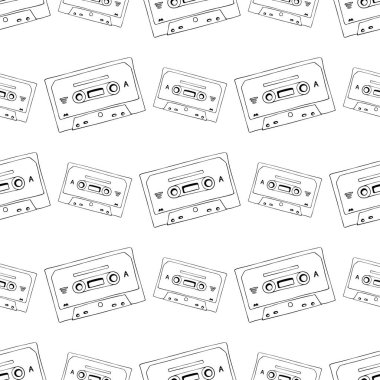 Müzik teknolojisi veya ses ekipmanları için el çizimi kaset ve karışık kaset, dikişsiz desen, siyah beyaz karikatür karalama arka planı