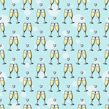 Şampanya kadehleri kusursuz karalama kalıpları. Mavi arkaplanda şerefe vektör illüstrasyonu. Sevgililer Günü tebrik kartı, yıldönümü kutlaması