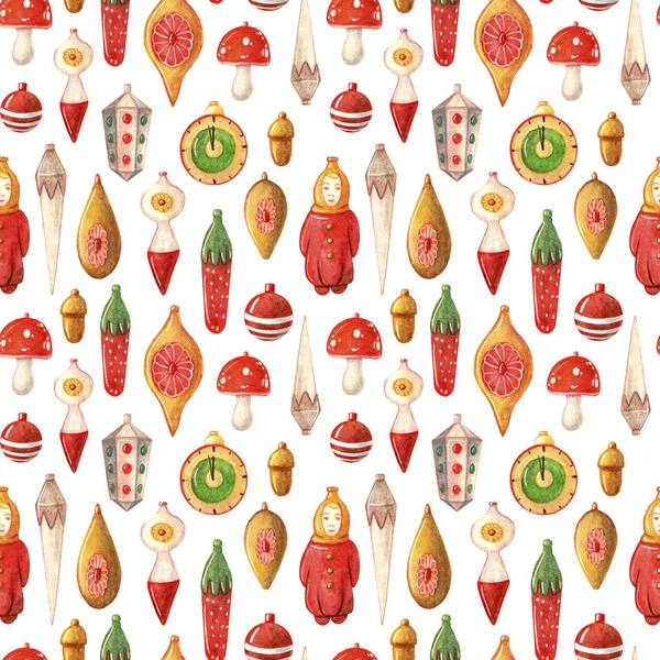 Vintage Christmas toys watercolor seamless pattern. New Year greeting card. It can be used to decorate holiday packages, fabrics, wrapping paper, textiles on white background. — Stockfoto