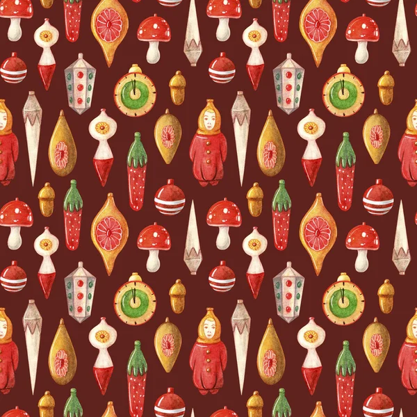 Vintage Christmas toys watercolor seamless pattern. New Year greeting card. It can be used to decorate holiday packages, fabrics, wrapping paper, textiles on dark background. — Foto Stock