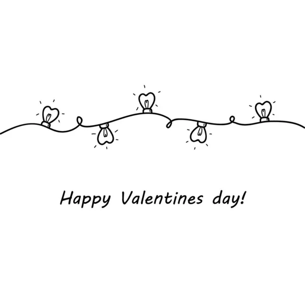 Valentines day greeting card with text lettering and lights garland in doodle graphic style isolated — Vettoriale Stock